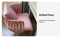 Modern Luxury Design Scalloped Back Seat Golden Tapered Legs Woven Back Armchair Soft and Comfortable Vanity Stool Ergonomic Curved Backrest for Adults, Home Decorators, Salon Owners, Bedroom, Dressing Room, Reception Area