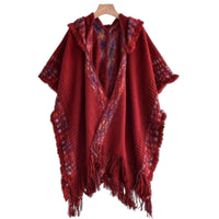 Ethnic Hooded Cape, Women's Pullover Shawl, Travel Scarf, Tassel Design, Multi-Color, Autumn, Photo Outfit