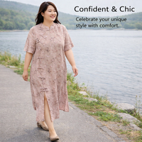 Long Dress Chinese Cheongsam with Floral Print for Wedding Guest, Plus Size Women Qipao with V-Neck and Three Quarter Sleeves