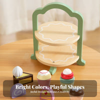 7 Pieces Ideal Gift Afternoon Tea Toy Set Encourages Creativity Pretend Play Cake Set Educational Wooden Dessert Stand Playset Develops Fine Movement Skills for Girls, Preschoolers, Toddlers