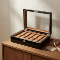 Padded Compartments Glass Lid Watch Display Box Metal Lock Wooden Watch Display Case Hinged Opening Divider Inserts