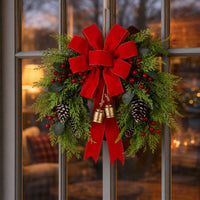 Christmas Wreath with Bow Festive Christmas Wreath with Bells Holiday Door Hanger for Entryway, Fireplace