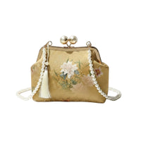 Floral Embroidery Pearl Chain Crossbody Bag Elegant Pearl Chain Handbag Vintage Design for Women, Party, Evening, Wedding