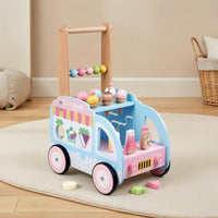 Interactive Ice Cream Truck Pusher Multi-Functional Wooden Baby Push Pusher Push Toy with Bead Maze Child-Friendly for Toddlers, Nursery