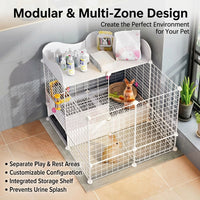 Lagomorph Cage and Lagomorph Pen with Automatic Cleaning, Bunny Cage with Removable Tray, Pet Playpen with Shelter Hideout for Indoor Use, White