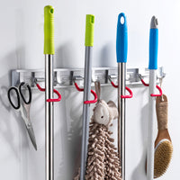 Wall-Mounted Mop and Broom Holder with Hooks - Punch-Free Space Aluminum & Stainless Steel Organizer