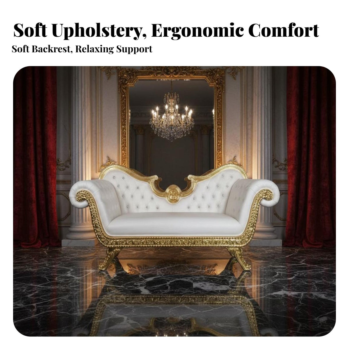European design Chaise Lounge Ornately Carved Frame Ornate Chaise Lounge Luxury Design Daybed Upholstered Seat for Interior Designers, Event Planners, Living Room, Photo Studio, Hotel Lobby, Wedding location