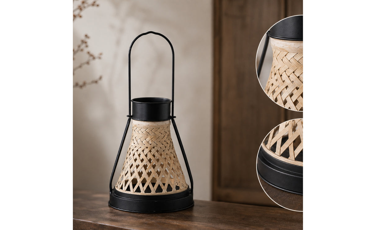 Lantern Candle Holder Bamboo-Style Lantern with Handle Handheld Decor for Patio