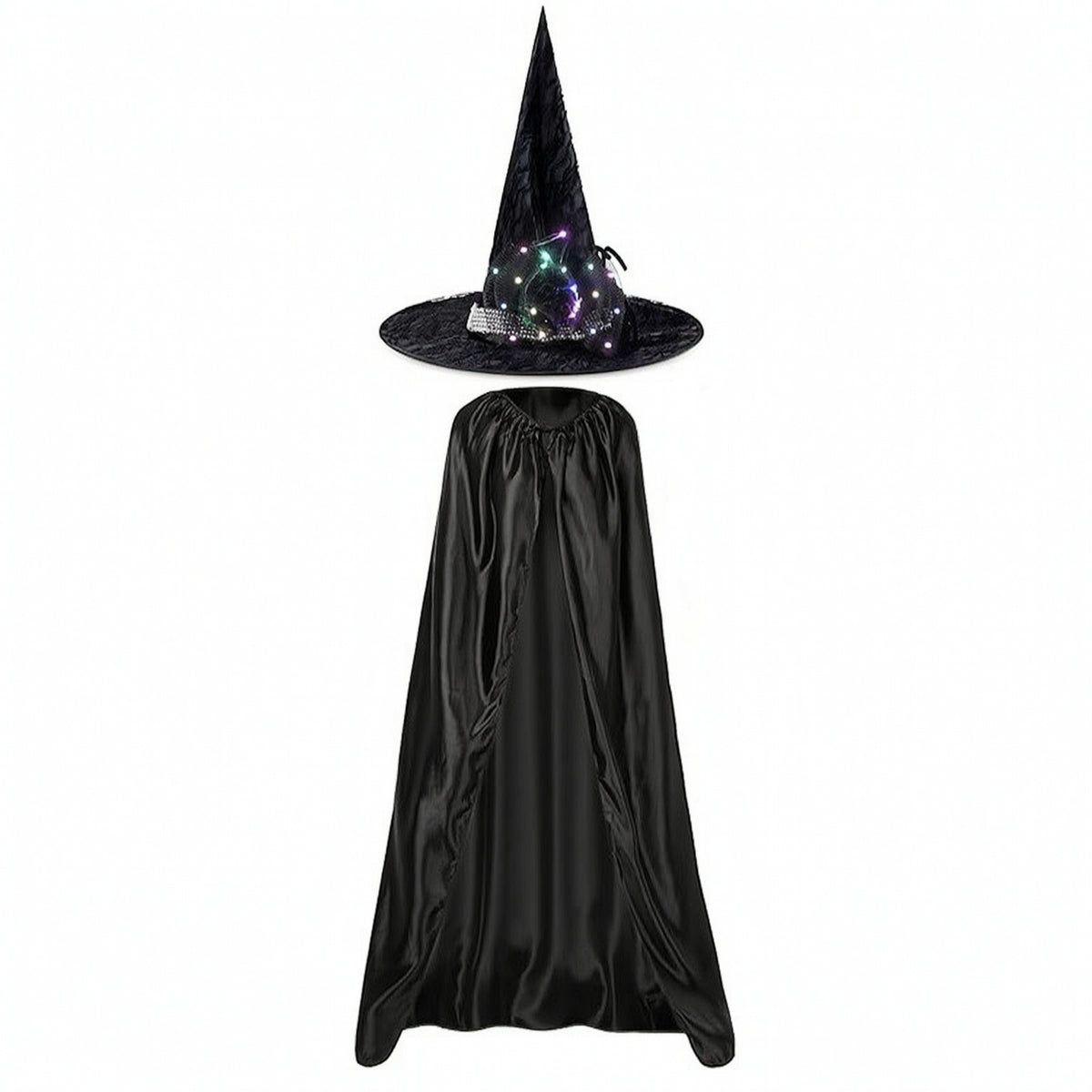 Light-up Witch Hat and Cape Pointed Witch Costume with Hat Black Accessory Set One Size Fits Most for Halloween