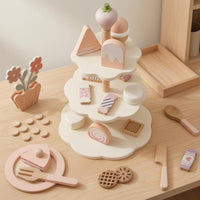 Tiered Dessert Stand Playset Pretend Tea-Time Dessert Set Printed for Children