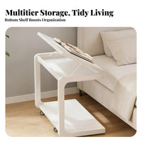 hinged lid Storage Rolling C-Shaped Side Table Multi-Functional Nightstand Mobile with casters Household Furniture Easy Assembly for Apartment Dwellers, Students, Remote Workers, Living Room, Bedroom, Small Spaces, Home Office