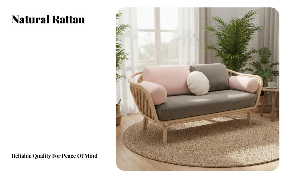 Rattan Sofa Minimalist Design Wicker Couch with Cushion Aesthetic Woven Cane Loveseat for Apartment Dwellers, Couples, Balcony, Sunroom, Patio
