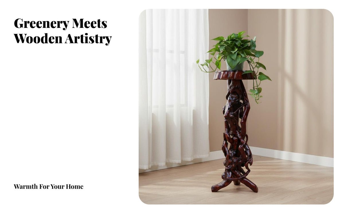 Natural Design Carved Root Stool Rustic Design Plant Stand Traditional Craftsmanship Display Pedestal Decorative for Bonsai Enthusiasts, Home Decorators, Art Collectors, Living Room, Balcony, Entryway, Bedroom