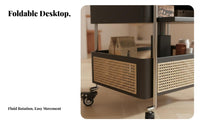 Rattan Accent two-level-level Bar Trolley Foldable Design Side Table Movable Serving Cart Vintage design for Apartment Dwellers, Homeowners, Students, Living Room, Beside Sofa, Bedroom, Kitchen