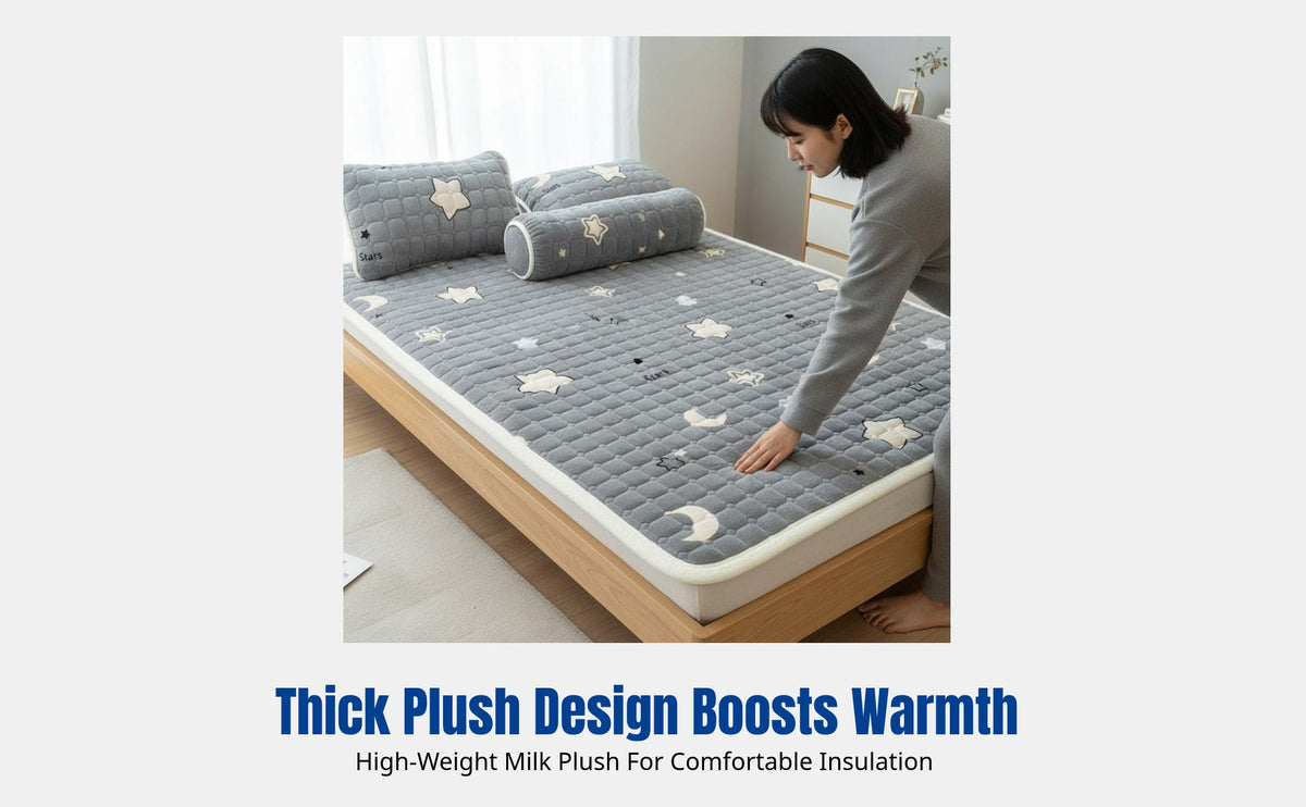 Winter Milk Plush Mattress Topper, Thick Quilted Foldable Bed Pad, Soft Bedroom Mat