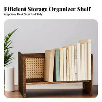 Rattanaesthetic Weaving 2-Tier Bookstand with Woven Panels Space-Saving Book Rack Minimalist Design desktop Shelf Multi-Functional for Students, Home Workers, Dorm Room, Dormitory, Bedroom