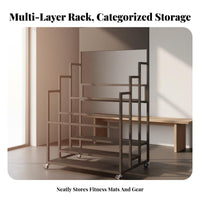 Space-Saving Exercise Mat Storage Rack Large Capacity Exercise Mat Display Rack Heavy-Duty Rolling Gym Equipment Cart Rust-Resistant