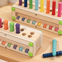 Hand-Eye Coordination Wooden Caterpillar Toy Fine Movement Skills Cylinder Peg Game Interactive Color Stack Toy Sensory Play for Preschoolers, Kids, Toddlers, Kindergarten, Classroom