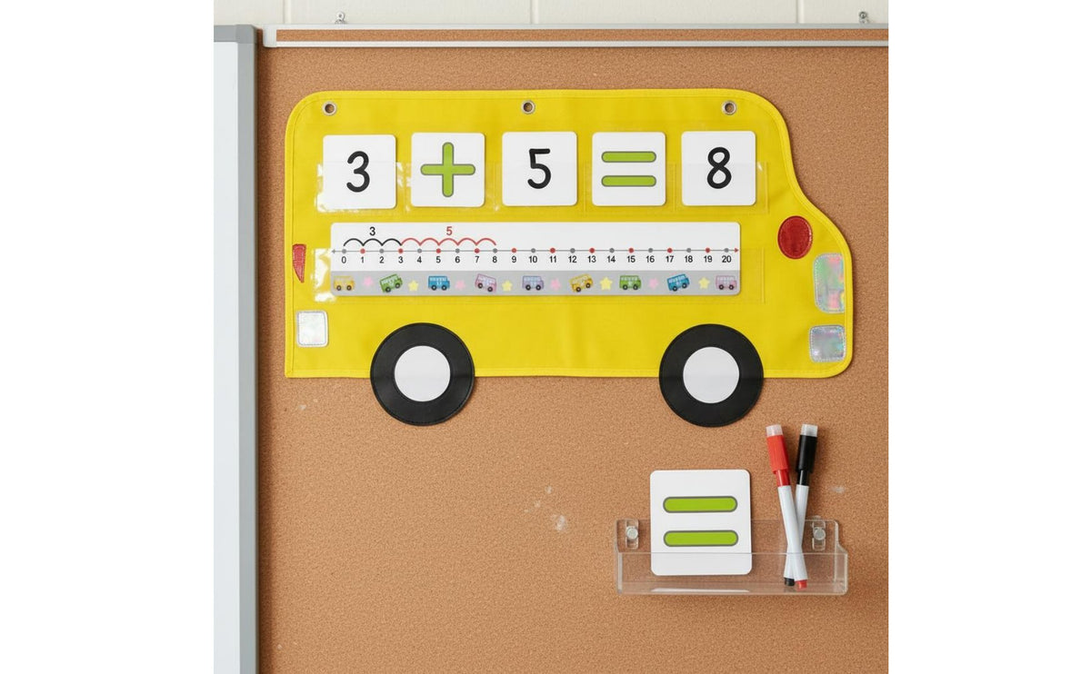 Bus Mathematical Ruler Chart Interactive Addition Subtraction Pocket Chart Hanging Design School Bus Math Toy for Teachers, Kids, Classroom