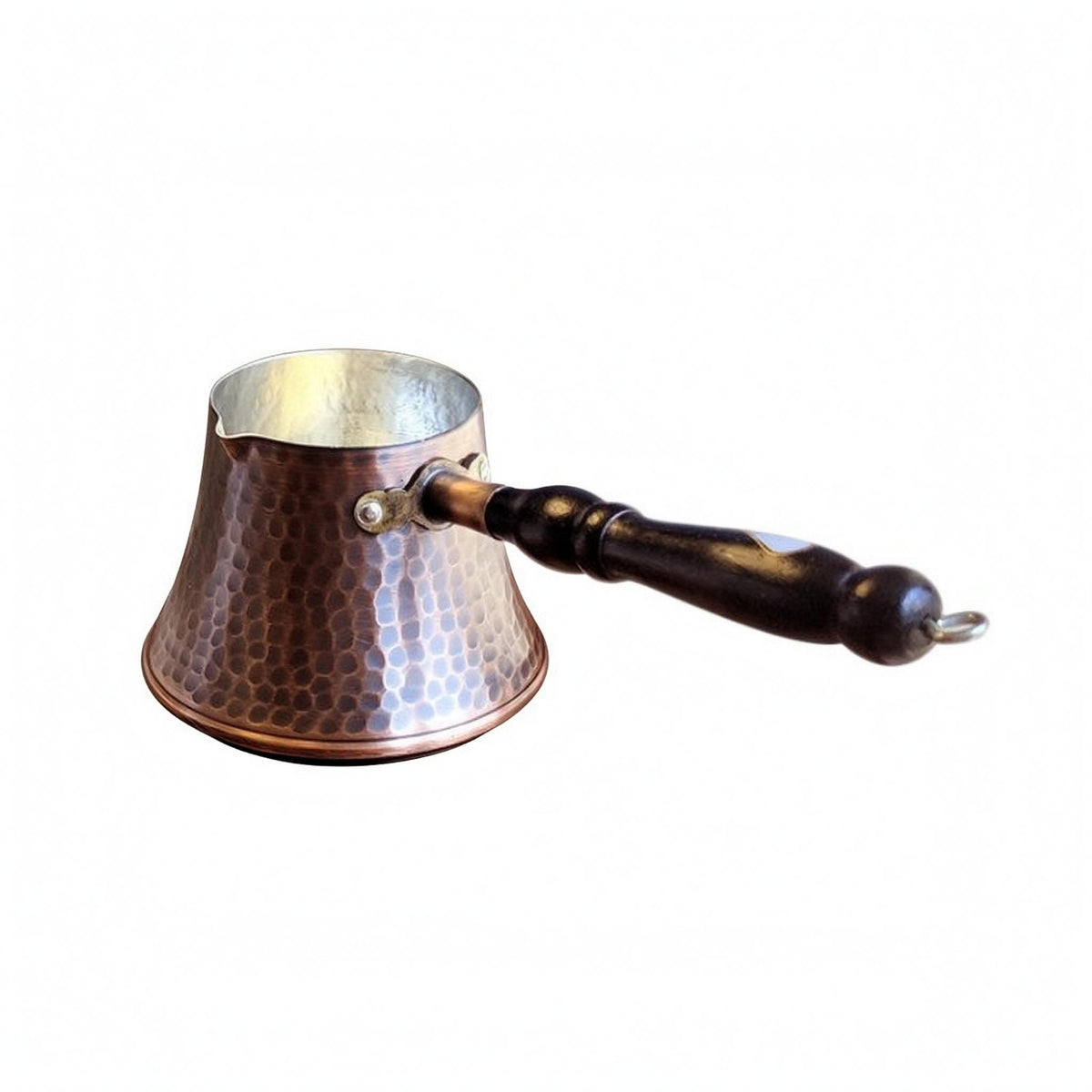 Antique Bronze-Brown Copper Cezve Dimpled Metal Hammered Copper Coffee Pot Wooden Handle Turkish Coffee Pot Flared Top