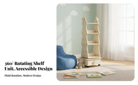 360-Degree Rotation 4-Tier Rotating Bookshelf Space-Saving Design 4-Tier Rotating Book Cart Mobile with Wheels Bookcase Child-Friendly Height for Children, Toddlers, Playroom, Nursery, Small Areas, Bedroom