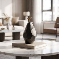 Metal Pear Statue with Golden Stemmed Faceted Fruit Sculpture Sculptural Figurine for Bookshelf