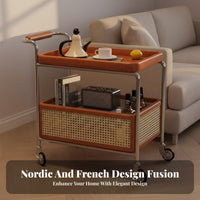 Solid Wood Rattan Storage Trolley Retro Design Multi-Tier Storage Rack 360° Swivel Casters 2-Tier Rolling Utility Cart Versatile for Apartment Dwellers, Office Workers, Party Hosts, Living Room, Bedroom, Kitchen, Pantry