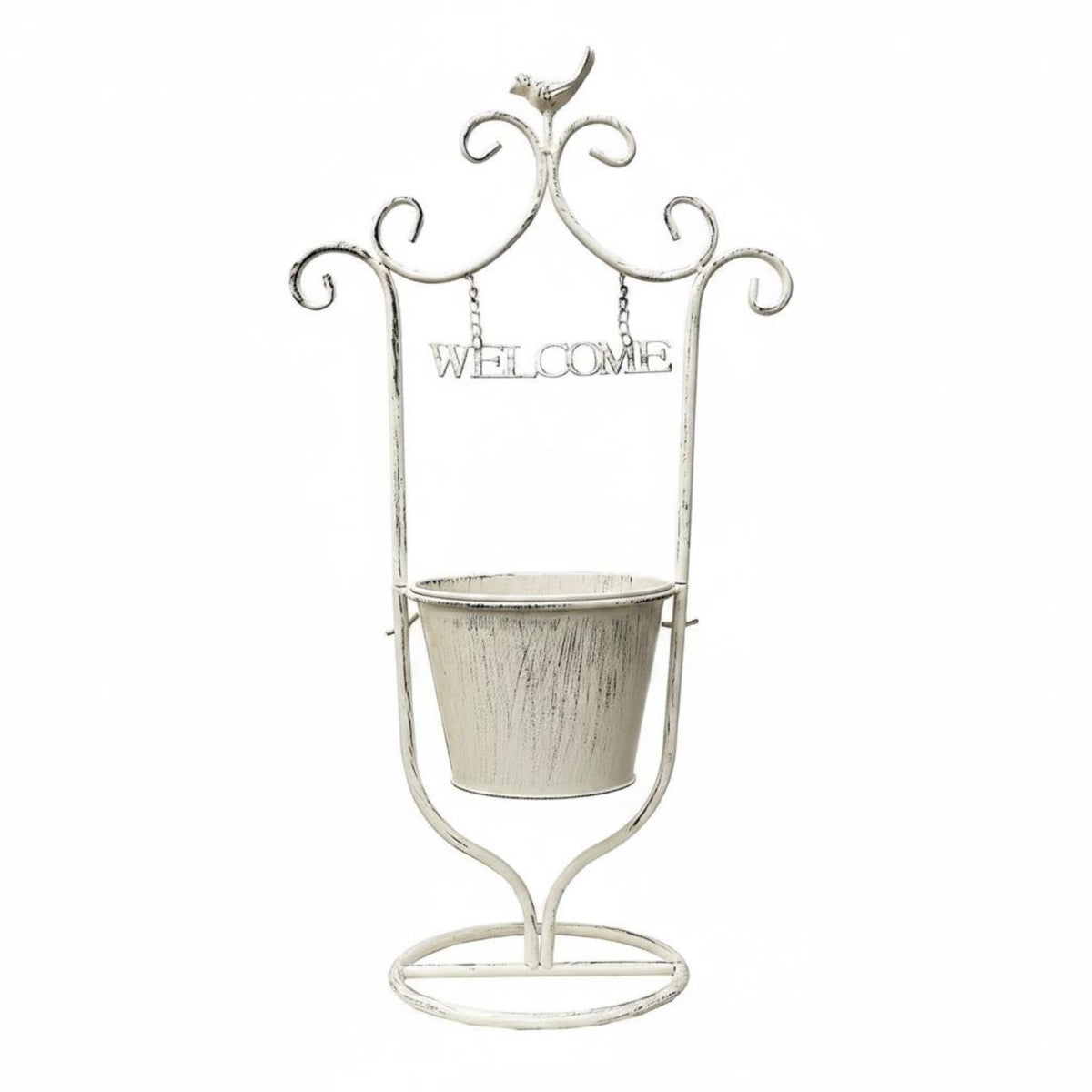 Wrought Iron Design Vintage Flower Pot Stand Bird Accent Metal Planter Stand Detachable Welcome Sign Planter for Patio, Balcony, Entryway