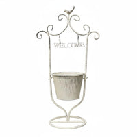 Wrought Iron Design Vintage Flower Pot Stand Bird Accent Metal Planter Stand Detachable Welcome Sign Planter for Patio, Balcony, Entryway