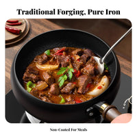 Hand Hammered Wok Wooden Handle Uncoated Iron Wok Deep Bowl Stir-Fry Pan Rust Resistant Large Stir Frying Pan Lightweight Design