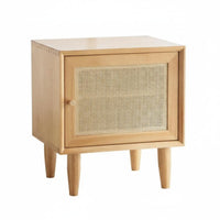 Nordic aesthetic Single-Drawer Woven Table minimalist contemporary Design Nightstand Rattan Weave Accent Bedside Cabinet Natural Wood Finish for Boho Decor lovers, Apartment Dwellers, Homeowners, Small Spaces, Dorm Room, Hallway, Office
