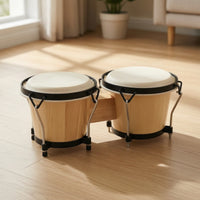 Natural Wood Bongo Drum with Wooden Bridge Hand-Played Bongo Drum Acoustic Percussion Instruments Tunable for Beginners, Classroom