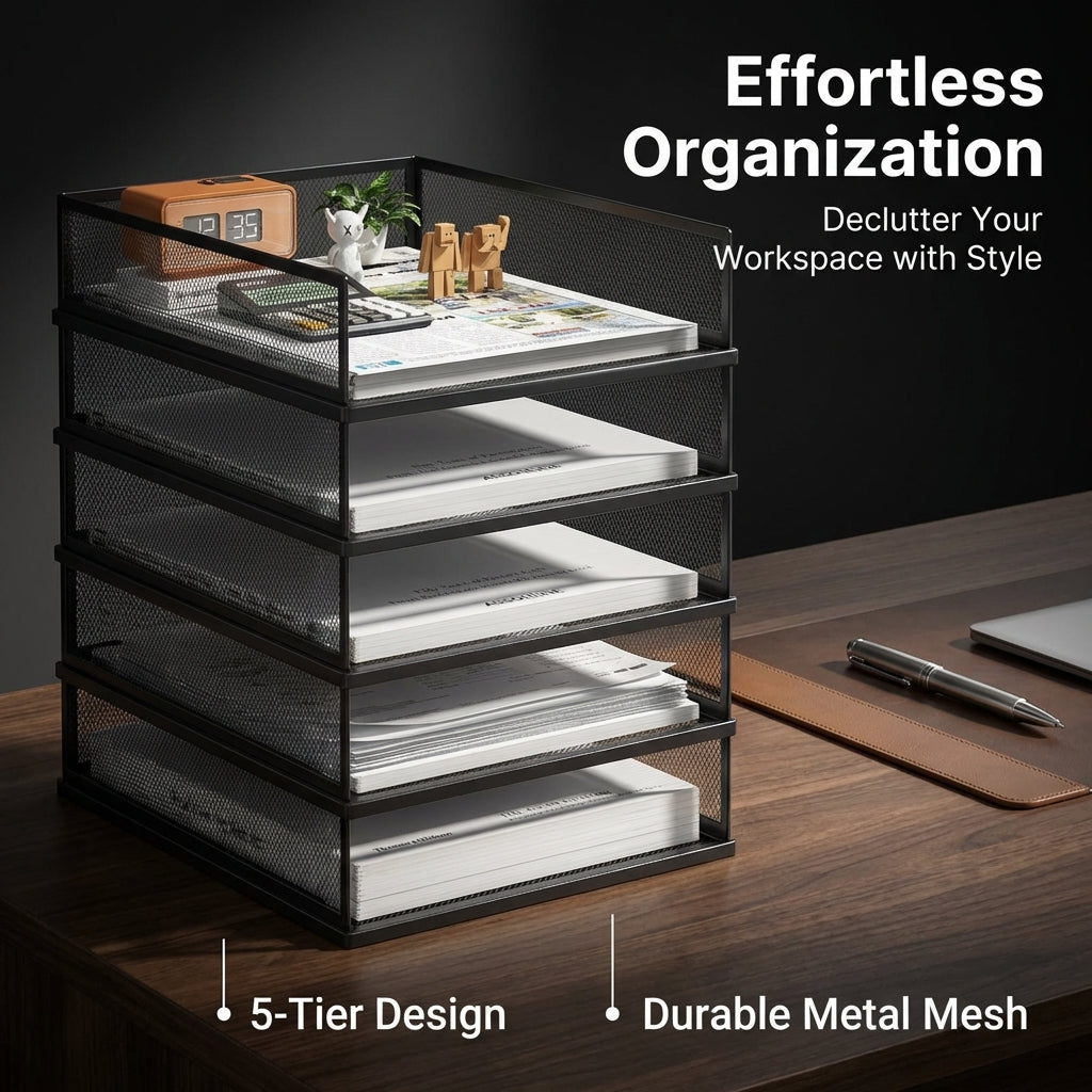 Metal File Organizer for Office Desk, 5 Layer Document Rack with Side Mesh, A4 Horizontal Desktop Holder for Vertical Storage