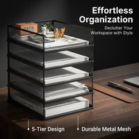 Metal File Organizer for Office Desk, 5 Layer Document Rack with Side Mesh, A4 Horizontal Desktop Holder for Vertical Storage