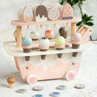 Ice Cream Cart with Make-Believe Snacks Wooden Ice Cream Cart with Handle Pastel Pretend Play Store for Young Children