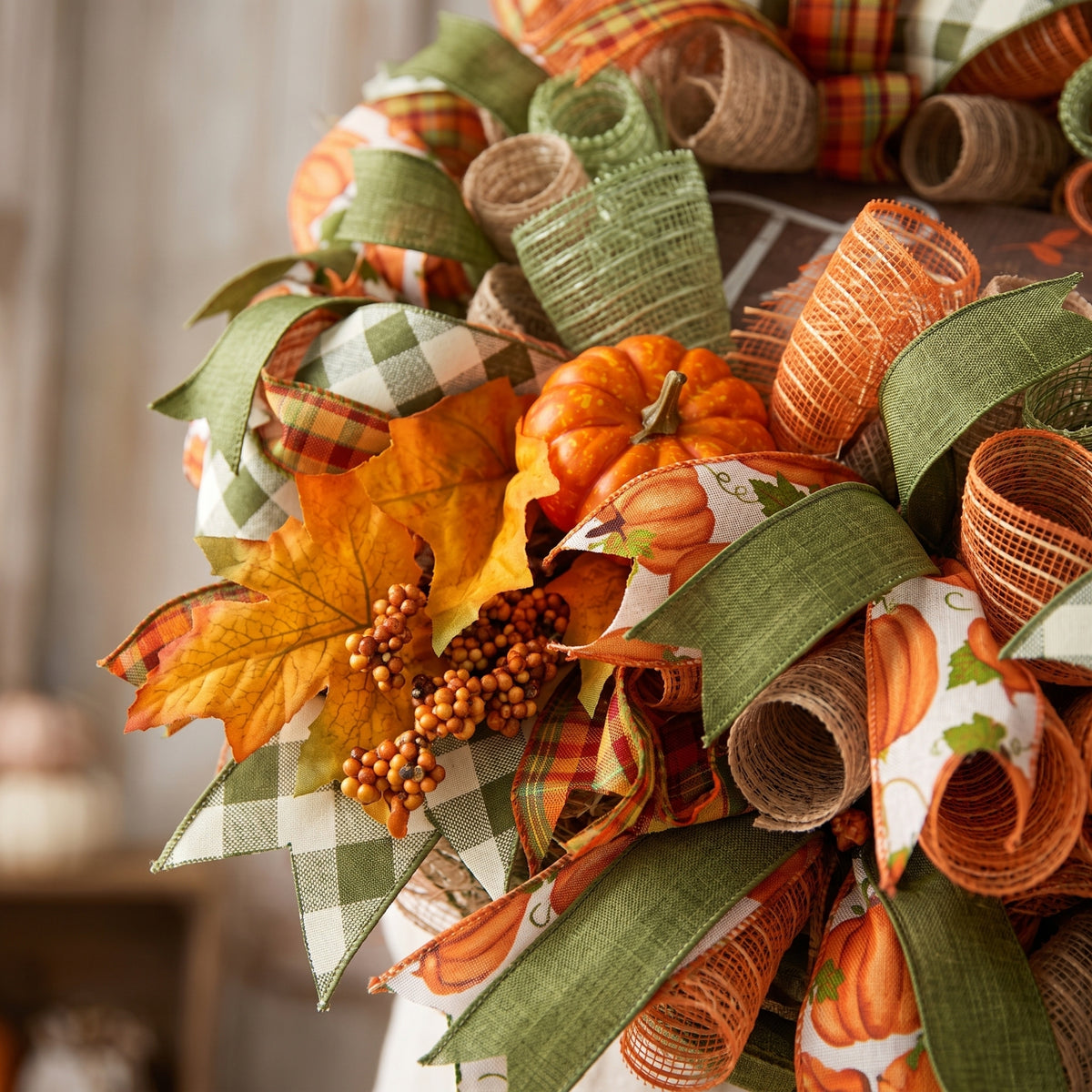 Wreath with Sign Autumn Harvest Wreath Plaid Mesh for Entry Door, Entryway