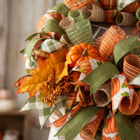 Wreath with Sign Autumn Harvest Wreath Plaid Mesh for Entry Door, Entryway