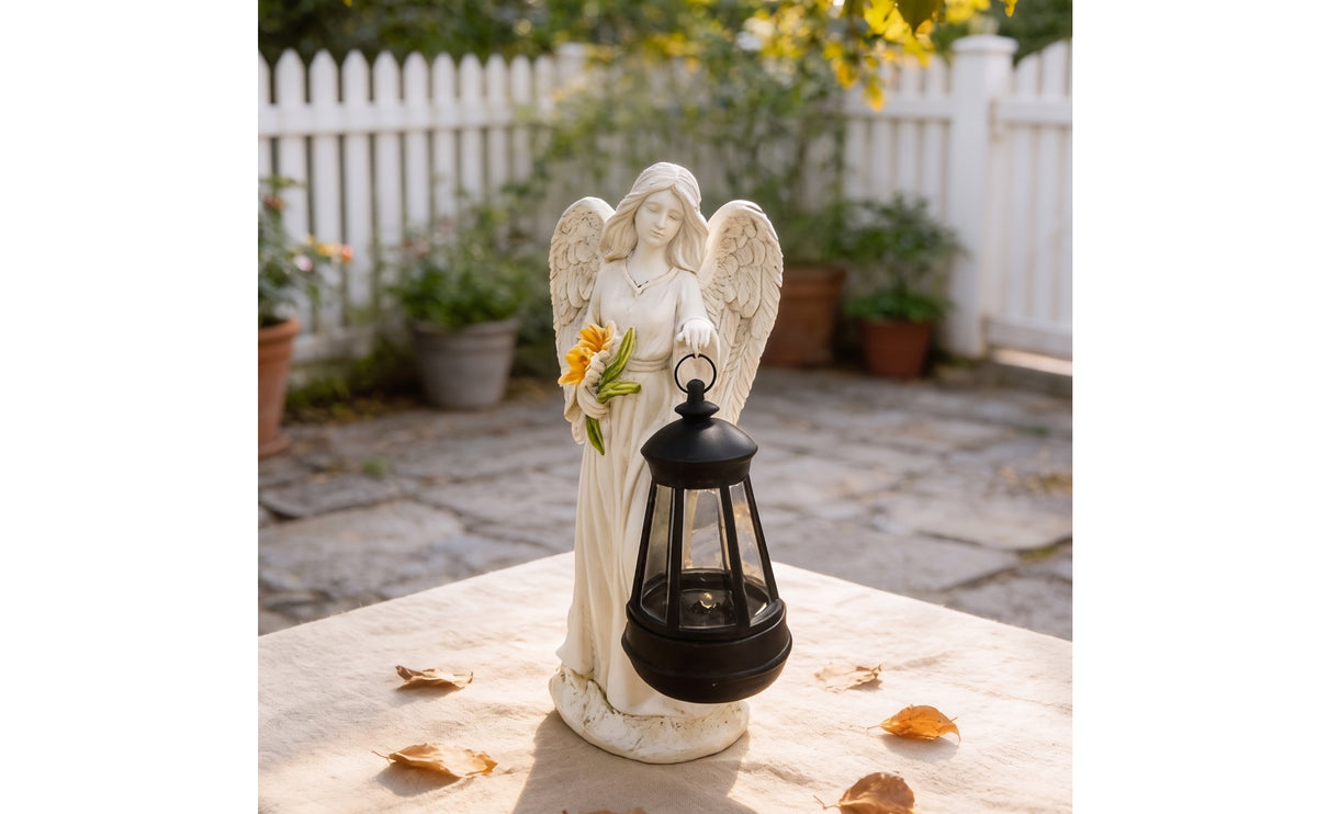 Decorative Angel Figurine with Lantern Light-up Angel Statue Hanging Sculpture Solar-Powered for Patio