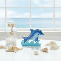 Wooden Dolphin Ornament with Wave Base Blue Dolphin Figurine with Wave Base Nautical Tabletop Decor Marine for Shelf