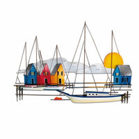 Layered Design Blue Sailboat Wall Sculpture Multicolor Beach Theme Coastal Wall Art for Hospitality Areas