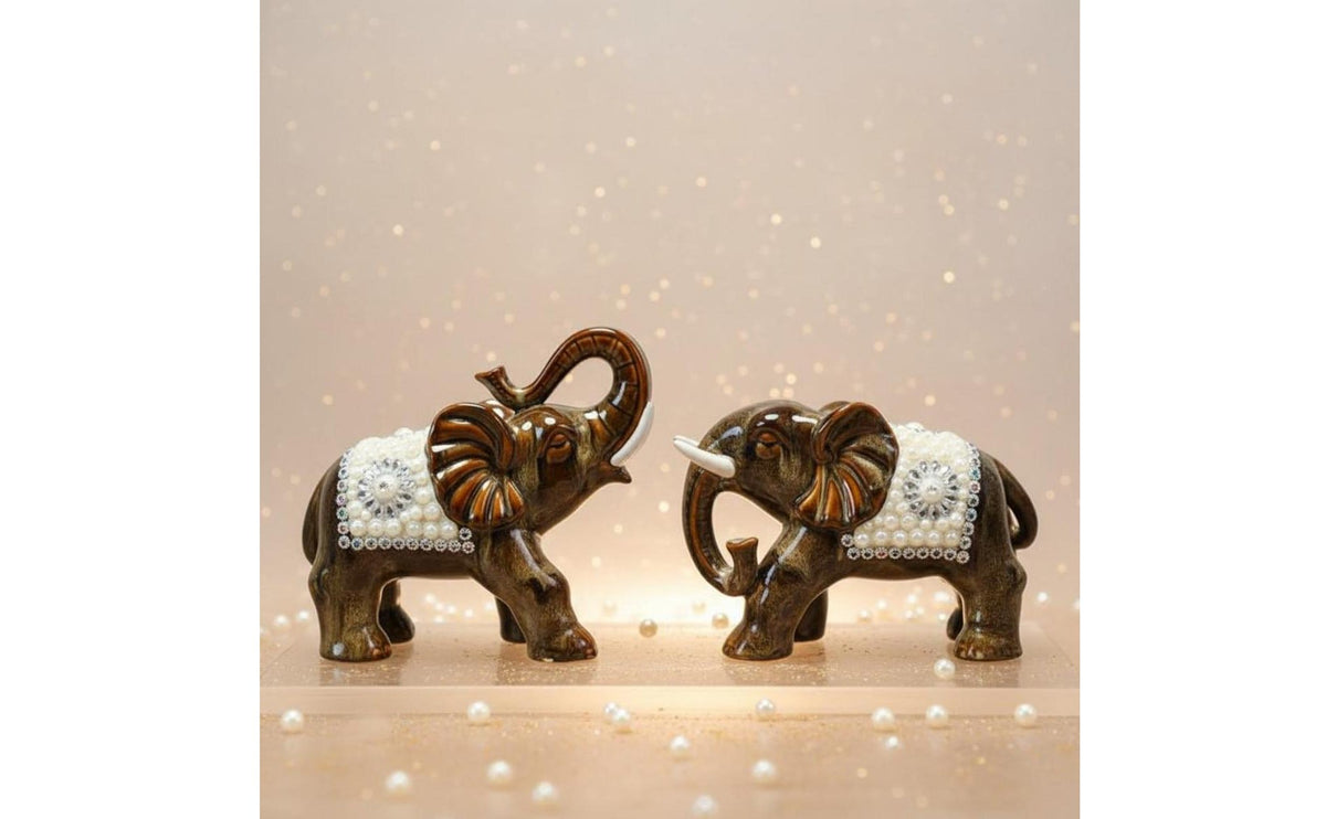 Ceramic couple Elephant Figurine Auspicious Gift Jeweled Elephant Statue Glazed Finish House Decoration for Office, Living Room, Entryway