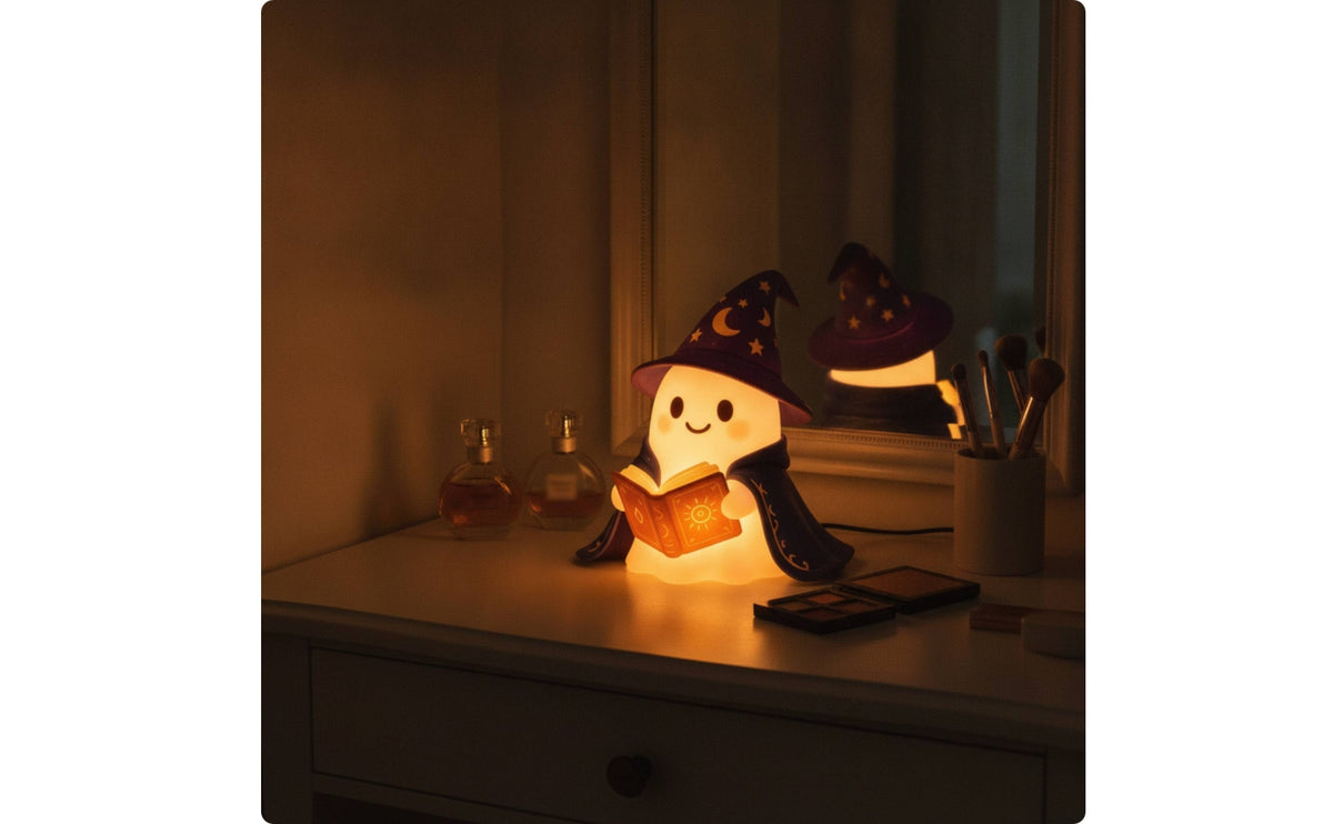 Warm Glowing Ghost Wizard Night Light Cute Ghost Lamp with Wizard Hat Whimsical Tabletop Ornament Ambient for Children, Toddlers, Halloween Decor, Bedroom, Bedside Table, Nursery