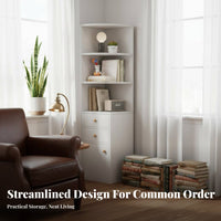 Space-Saving Design Corner Shelf Unit with Drawers Freestanding Multi-Tier Corner Bookcase Small Footprint Storage Cabinet Enclosed Compartments for Apartment Dwellers, Homeowners, Office Workers, Study Room, Bedroom
