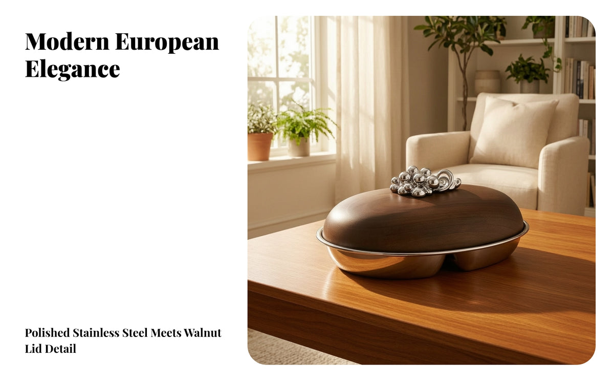 Sealed Divided Serving Tray with Lid | Decorative Floral Knob, Stainless Steel Container with Wooden Lid, for Tabletop