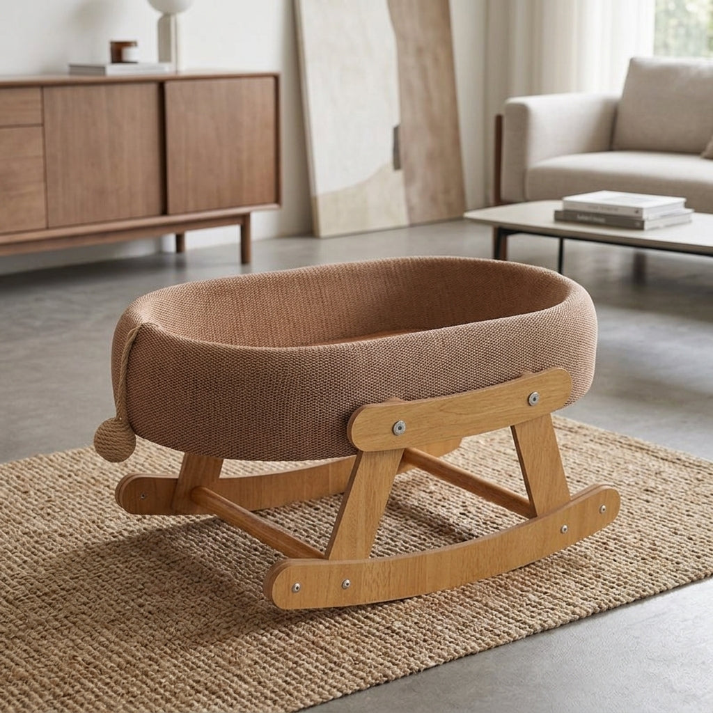 Elevated Cat Bed Rocker with Wood Frame, Silicone Breathable Cat Lounger for Indoor Cats, Universal Season Sleeping and Playing Oval Cradle