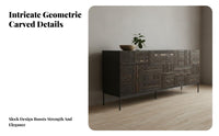 Solid Wood Sideboard Cabinet Light Luxury Design Carved Wood Sideboard Nordic Design Teak Door Console Cabinet for Families, Entryway, Hallway