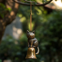 Cat Wind Chime Textured Bronze Cat Chime House Decoration Small Bell Hanging Ornament Cord Cord Hanging for Entryway, Window