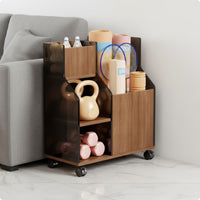 Caster Wheels Wheeled Storage Rack Open Front Exercise Mat Rack Wood Grain Exercise Storage Cabinet Compact