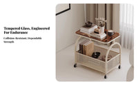 With casters 2-Tier Rolling Organizer Cream aesthetic 2-Tier Utility Trolley Minimalist Design Side Table Multifunctional for Homeowners, Office Workers, Living Room, Bedroom, Balcony, Kitchen