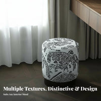 French Retro Design Padded Vanity Seat Solid Wood Base Upholstered Drum Stool High-Density Foam Cushion Household Furniture Versatile Use for Interior Designers, Hotel Managers, Dressing Room, Bedroom, Entryway, Under a Desk